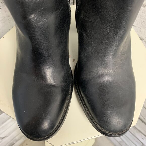 Vintage Black Leather Exposed Gold Zipper Block Heel Knee High Tall Boots - Picture 4 of 10